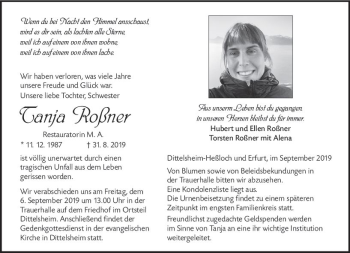 Traueranzeige von Tanja Roßner von vrm-trauer