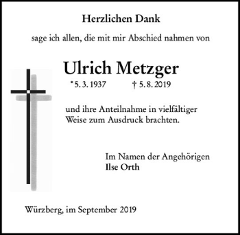 Traueranzeige von Ulrich Metzger von vrm-trauer