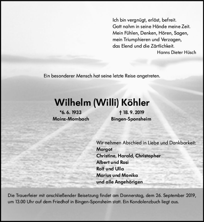  Traueranzeige für Wilhelm Köhler vom 24.09.2019 aus vrm-trauer
