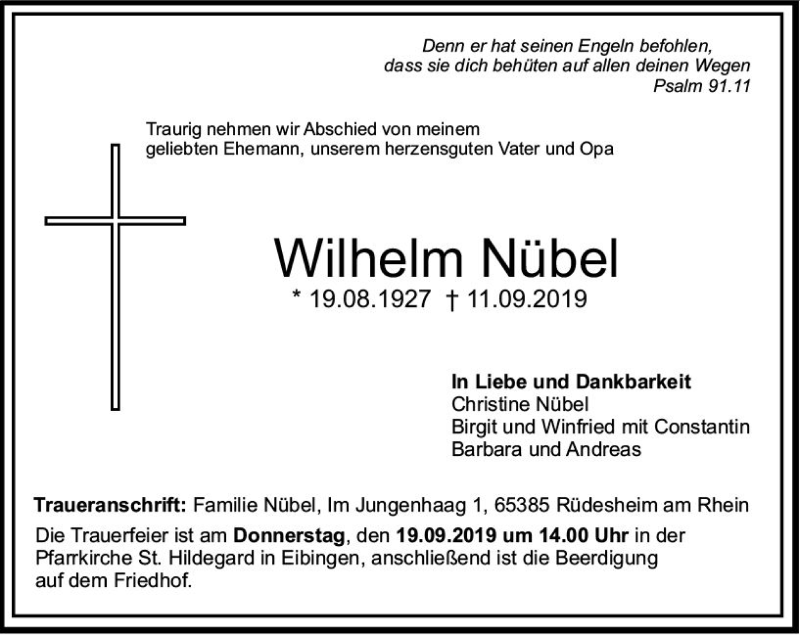  Traueranzeige für Wilhelm Nübel vom 17.09.2019 aus vrm-trauer