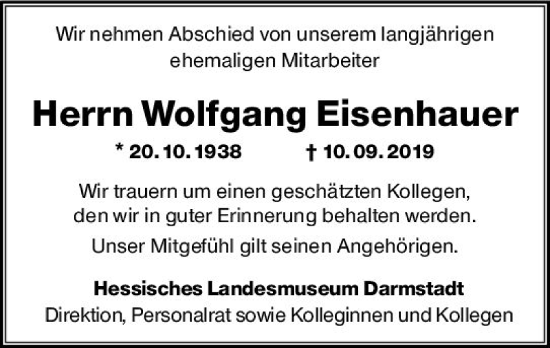  Traueranzeige für Wolfgang Eisenhauer vom 21.09.2019 aus vrm-trauer