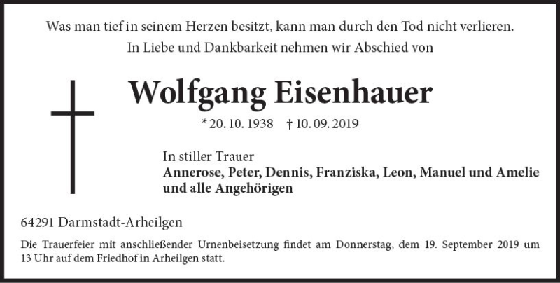  Traueranzeige für Wolfgang Eisenhauer vom 14.09.2019 aus vrm-trauer