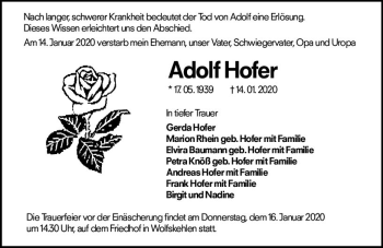 Traueranzeige von Adolf Hofer von vrm-trauer