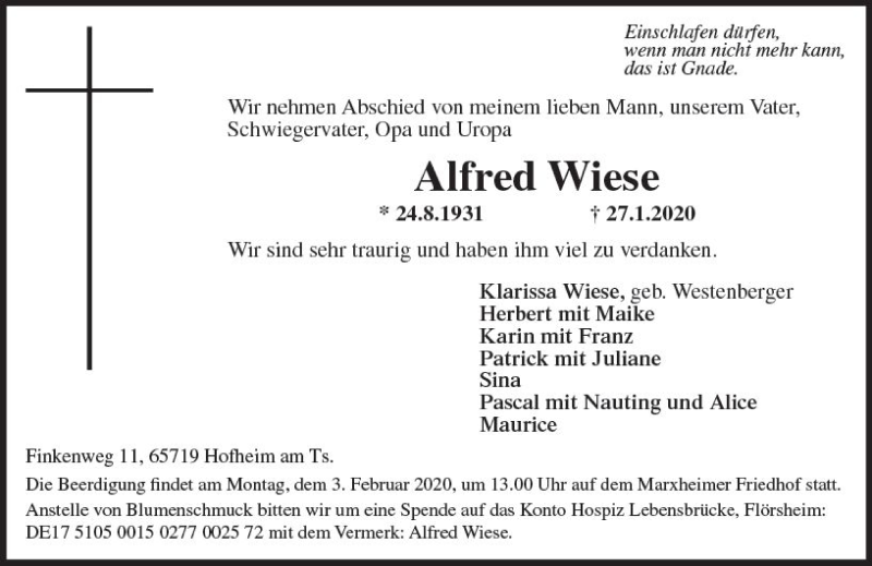  Traueranzeige für Alfred Wiese vom 31.01.2020 aus vrm-trauer