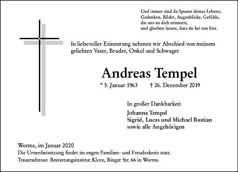  Traueranzeige für Andreas Tempel vom 11.01.2020 aus vrm-trauer