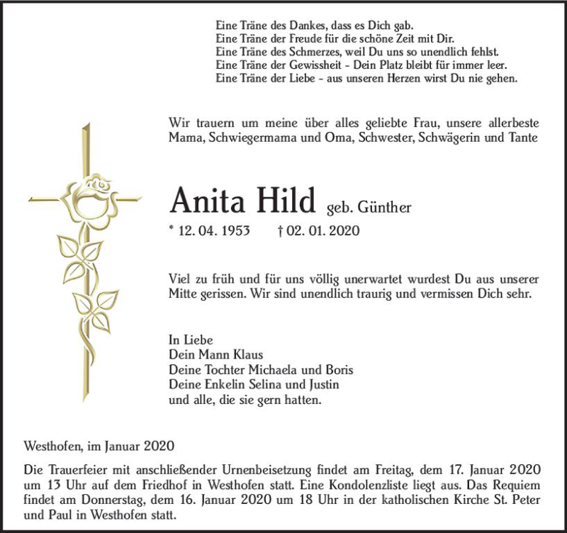  Traueranzeige für Anita Hild vom 11.01.2020 aus vrm-trauer