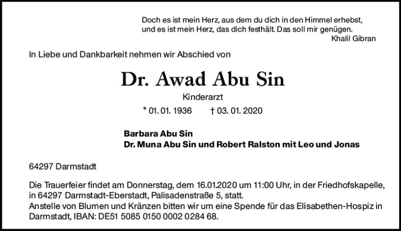  Traueranzeige für Awad Abu sin vom 11.01.2020 aus vrm-trauer