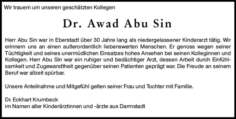  Traueranzeige für Awad Abu sin vom 15.01.2020 aus vrm-trauer