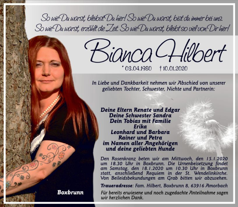 Traueranzeige für Bianca Hilbert vom 15.01.2020 aus vrm-trauer