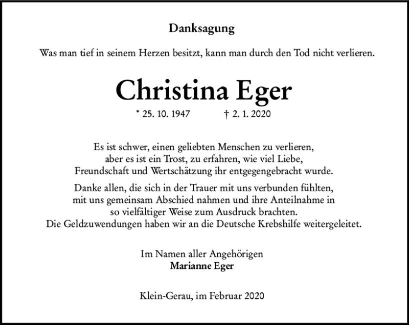 Traueranzeige für Christina Eger vom 01.02.2020 aus vrm-trauer