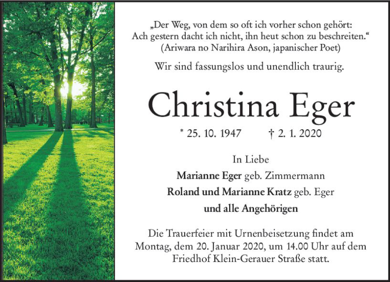  Traueranzeige für Christina Eger vom 11.01.2020 aus vrm-trauer