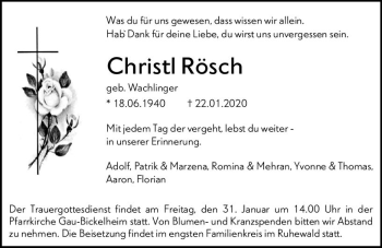 Traueranzeige von Christl Rösch von vrm-trauer