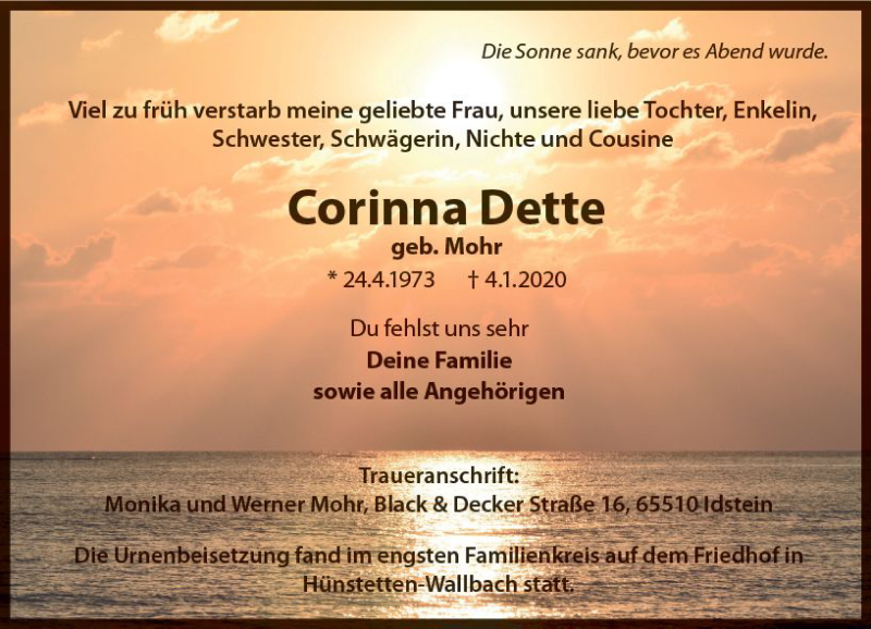  Traueranzeige für Corinna Dette vom 25.01.2020 aus vrm-trauer