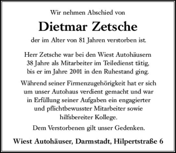 Traueranzeige von Dietmar Zetsche von vrm-trauer
