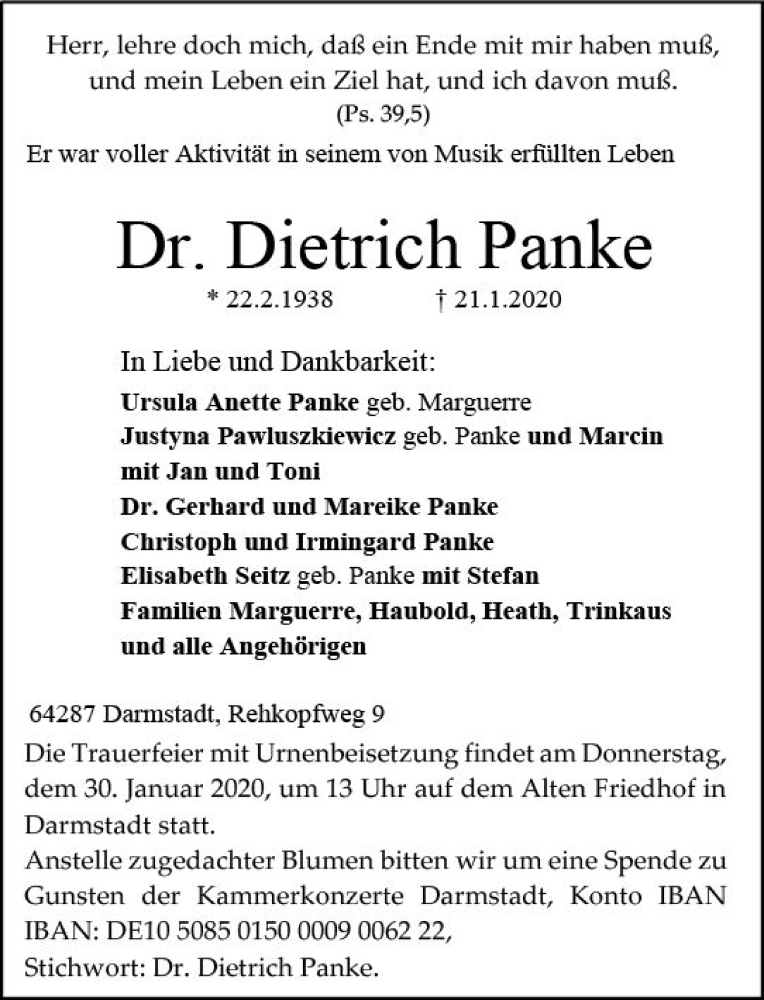  Traueranzeige für Dietrich Panke vom 25.01.2020 aus vrm-trauer