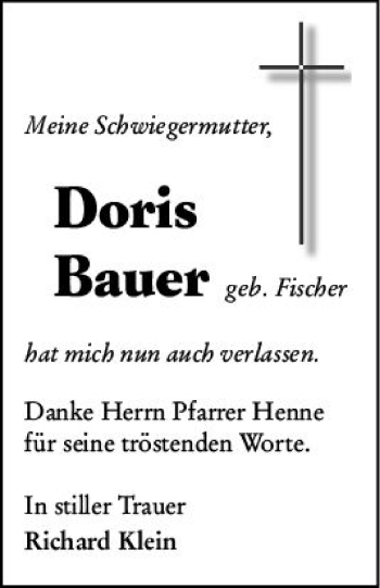 Traueranzeige von Doris Bauer von vrm-trauer