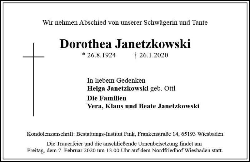 Traueranzeige für Dorothea Janetzkowski vom 01.02.2020 aus vrm-trauer