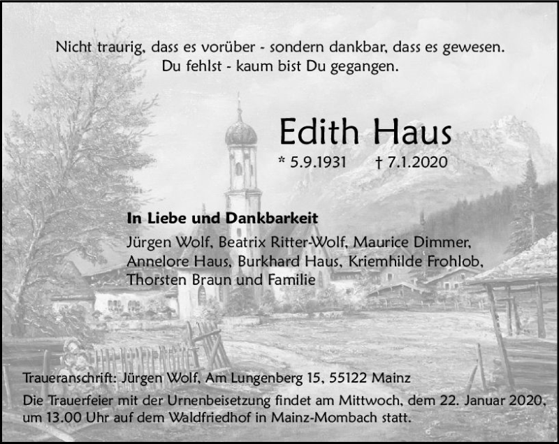 Traueranzeige für Edith Haus vom 11.01.2020 aus vrm-trauer