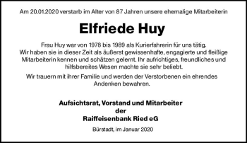 Traueranzeige von Elfriede Huy von vrm-trauer