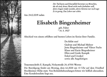 Traueranzeige von Elisabeth Bingenheimer von vrm-trauer