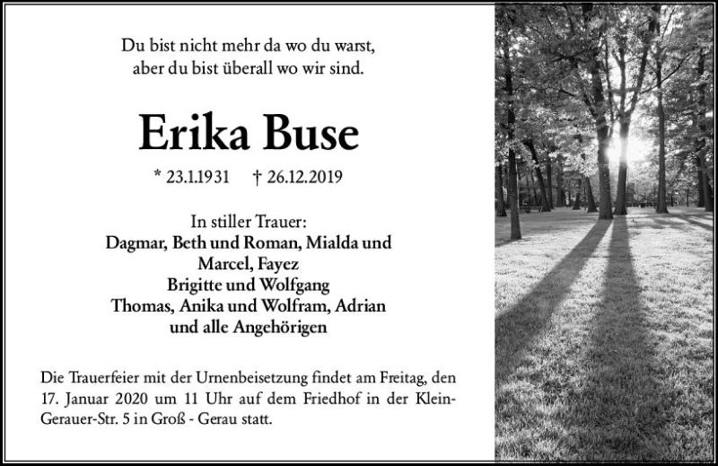  Traueranzeige für Erika Buse vom 11.01.2020 aus vrm-trauer