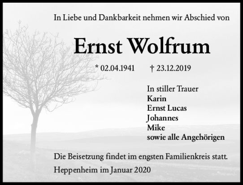  Traueranzeige für Ernst Wolfrum vom 04.01.2020 aus vrm-trauer