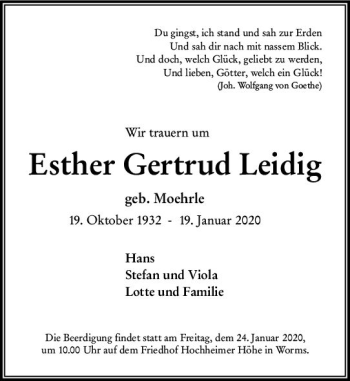 Traueranzeige von Esther Gertrud Leidig von vrm-trauer