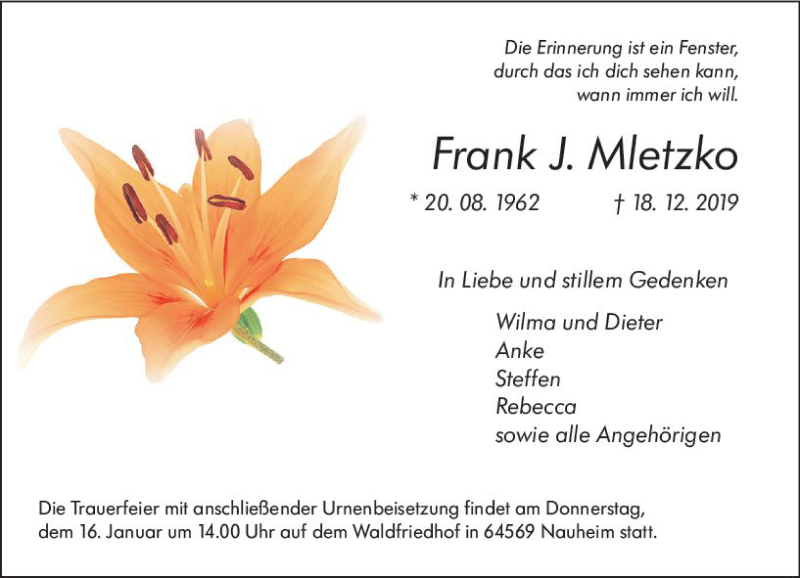  Traueranzeige für Frank J. Mletzko vom 14.01.2020 aus vrm-trauer