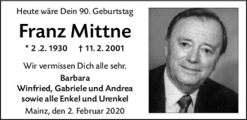 Traueranzeige von Franz Mittne von vrm-trauer