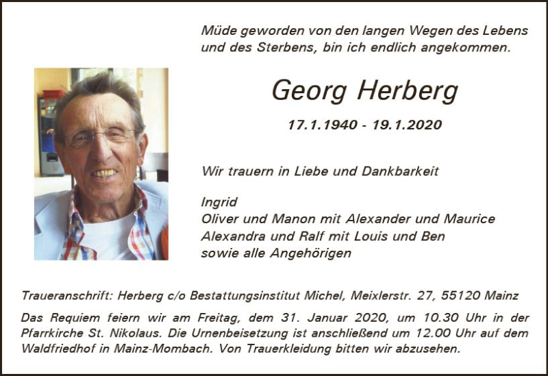  Traueranzeige für Georg Herberg vom 25.01.2020 aus vrm-trauer