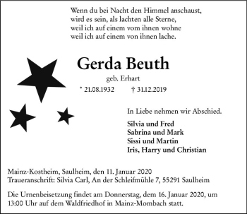 Traueranzeige von Gerda Beuth von vrm-trauer