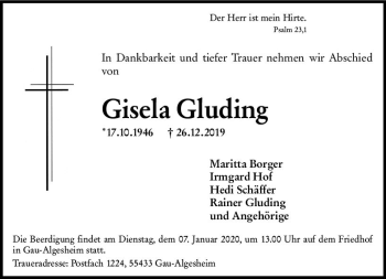Traueranzeige von Gisela Gluding von vrm-trauer