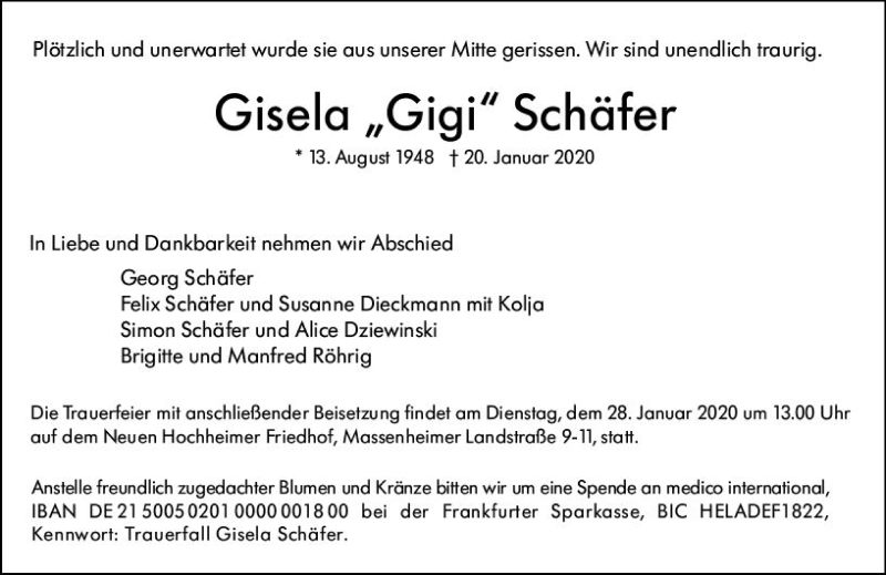  Traueranzeige für Gisela Schäfer vom 24.01.2020 aus vrm-trauer