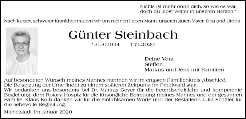  Traueranzeige für Günter Steinbach vom 18.01.2020 aus vrm-trauer