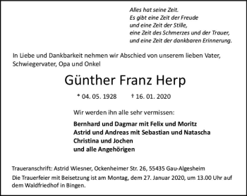 Traueranzeige von Günther Franz Herp von vrm-trauer