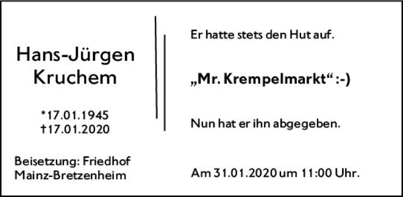  Traueranzeige für Hans-Jürgen Kruchem vom 25.01.2020 aus vrm-trauer