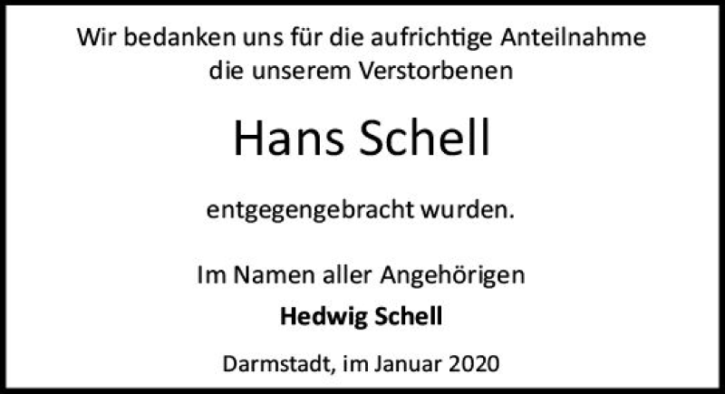  Traueranzeige für Hans Schell vom 11.01.2020 aus vrm-trauer
