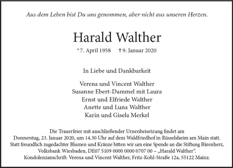  Traueranzeige für Harald Walther vom 18.01.2020 aus vrm-trauer