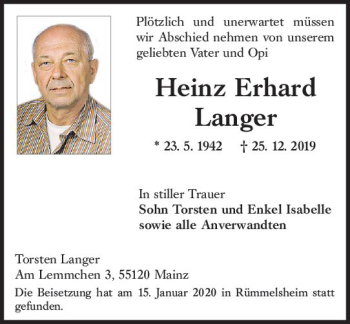 Traueranzeige von Heinz Erhard ErhLangerard von vrm-trauer
