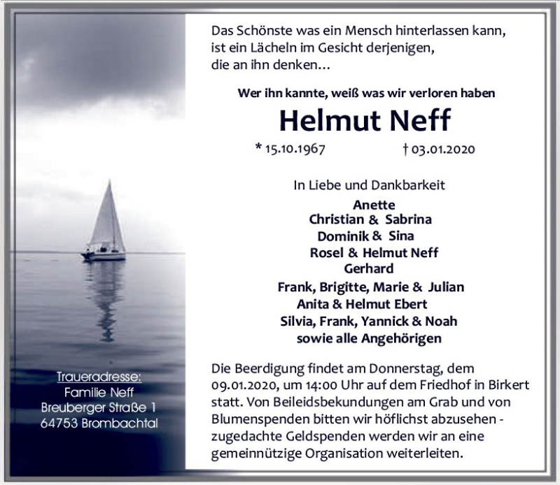  Traueranzeige für Helmut Neff vom 07.01.2020 aus vrm-trauer
