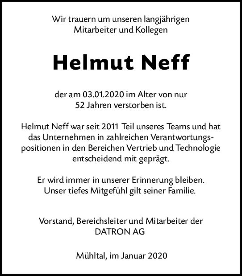  Traueranzeige für Helmut Neff vom 08.01.2020 aus vrm-trauer