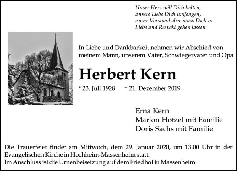  Traueranzeige für Herbert Kern vom 25.01.2020 aus vrm-trauer