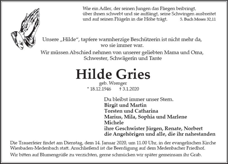  Traueranzeige für Hilde Gries vom 11.01.2020 aus vrm-trauer