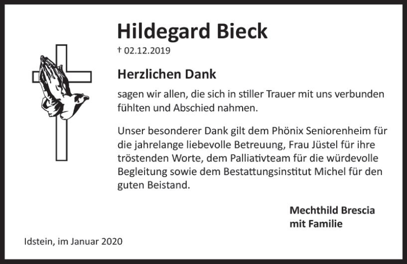  Traueranzeige für Hildegard Bieck vom 25.01.2020 aus vrm-trauer