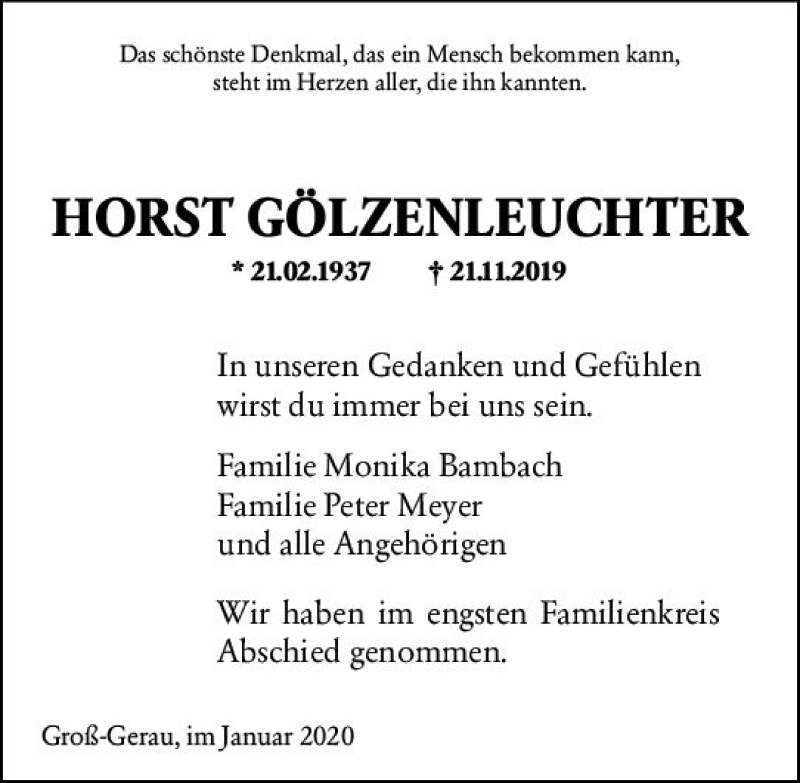  Traueranzeige für Horst Gölzenleuchter vom 11.01.2020 aus vrm-trauer