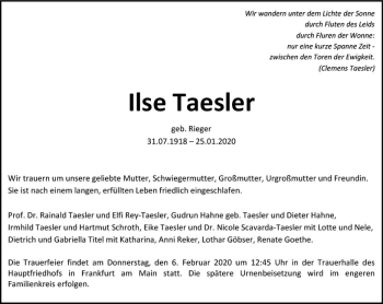 Traueranzeige von Ilse Taesler von vrm-trauer