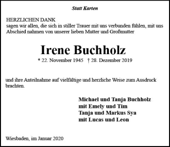 Traueranzeige von Irene Buchholz von vrm-trauer