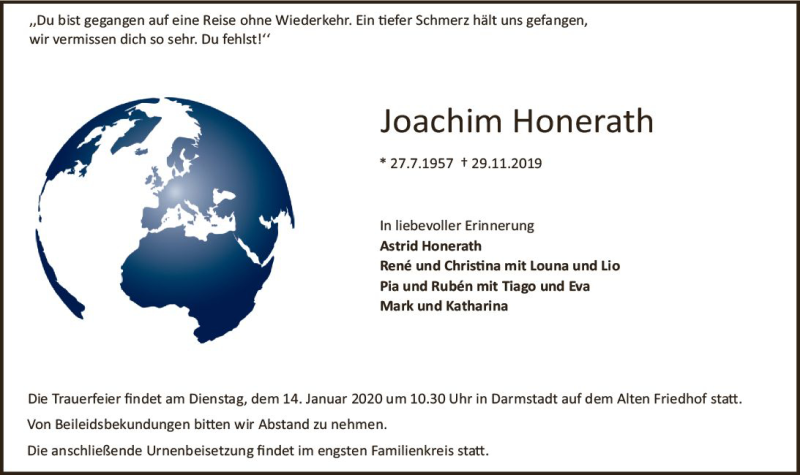  Traueranzeige für Joachim Honerath vom 11.01.2020 aus vrm-trauer