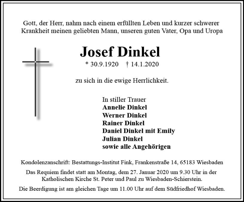  Traueranzeige für Josef Dinkel vom 18.01.2020 aus vrm-trauer