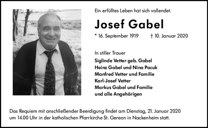  Traueranzeige für Josef Gabel vom 18.01.2020 aus vrm-trauer